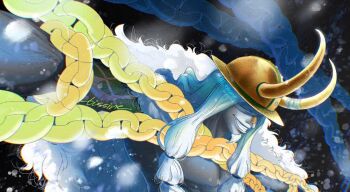 1boy bandages bandages_over_eyes blue_hair chain facial_hair goatee helmet horns loki_(one_piece) long_hair male_focus one_piece profile sidelocks smile solo tissine twitter_username upper_body