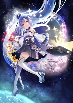 1girl blue_hair blue_ribbon cherry_blossoms clock commentary_request compass detached_sleeves frilled_sleeves frills hair_ornament hane_segawa highres japanese_clothes night obi open_mouth original petals ribbon sash smile starry_sky_print suitcase thighhighs umbrella white_thighhighs yellow_eyes