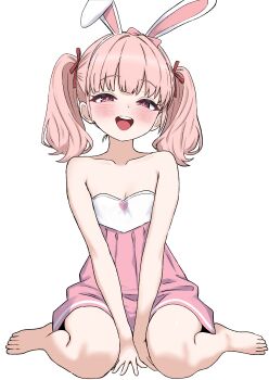 1girl absurdres animal_ears bare_arms bare_legs bare_shoulders barefoot blush breasts cleavage collarbone commission dress fake_animal_ears hair_ribbon hairband highres long_hair looking_at_viewer maplestory oldsickkim open_mouth pink_dress pink_eyes pink_hair player_character_(maplestory) rabbit_ears ribbon simple_background sitting small_breasts smile solo strapless strapless_dress twintails v_arms wariza white_background white_hairband
