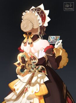 1girl absurdres artist_name bare_shoulders black_collar black_dress black_sleeves bow braid brown_hair bun_with_braided_base collar commentary detached_collar detached_sleeves dress english_commentary facing_away frilled_sleeves frills from_behind genshin_impact gloves hair_bow hair_bun headdress highres holding holding_photo long_sleeves photo_(object) sandrone_(genshin_impact) solo strapless strapless_dress upper_body white_gloves winding_key yuzufurii