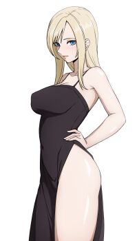 1girl absurdres ass aya_brea black_dress blonde_hair blue_eyes breasts commentary covered_navel daydarion dress english_commentary from_side hand_on_own_hip highres long_hair looking_at_viewer medium_breasts parasite_eve_(series) side_slit simple_background sleeveless sleeveless_dress solo thighs white_background