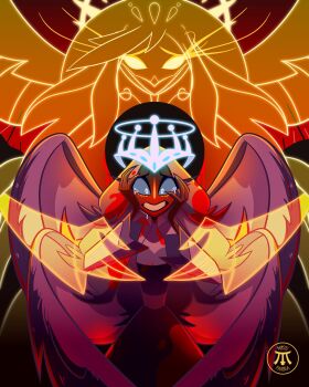 2girls :d angel angel_wings beak bird_girl blonde_hair colored_sclera cowboy_shot crying dark-skinned_female dark_skin furry furry_female glowing glowing_eyes grey_hair grey_sclera grin halo hands_up hazbin_hotel hellaverse highres long_hair long_sleeves misspanica1 multiple_girls open_mouth sera_(hazbin_hotel) smile speaker_of_god_(hazbin_hotel) teeth white_eyes wings