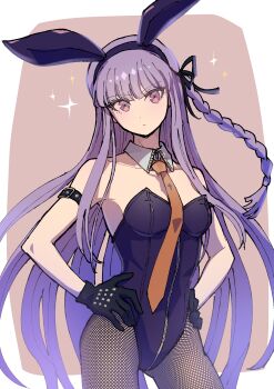 1girl absurdres animal_ears bare_shoulders black_gloves braid breasts brown_background brown_necktie closed_mouth collared_shirt commentary_request danganronpa:_trigger_happy_havoc danganronpa_(series) detached_collar fake_animal_ears fishnet_pantyhose fishnets gloves highres kirigiri_kyoko long_hair looking_at_viewer medium_breasts necktie pantyhose pink_hair rabbit_ears ribbon shirt side_braid solo sparkle white_background youko-shima