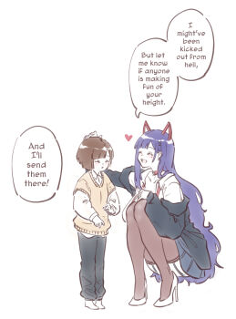 2girls akuma_nihmune black_jacket bob_cut brown_hair brown_thighhighs collar commentary english_commentary english_text garter_straps headpat heart height_difference high_heels horns indie_virtual_youtuber jacket long_hair miniskirt multiple_girls original pleated_skirt purple_hair red_collar short-sleeved_sweater short_hair short_sleeves skirt squatting sweater tama_gotoh thighhighs very_long_hair virtual_youtuber yellow_sweater yoruny