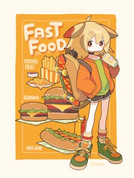1girl absurdres ahoge aida_(aidia) black_choker black_shorts blonde_hair border brown_eyes burger choker collarbone commentary_request cup double-parted_bangs drinking drinking_straw fast_food food french_fries full_body green_shirt green_shoes hair_between_eyes highres holding holding_cup hot_dog jacket long_hair long_sleeves looking_at_viewer open_clothes open_jacket orange_jacket original outside_border ribbed_socks shirt shoes shorts signature skateboard sneakers socks solo standing white_border yellow_background yellow_socks
