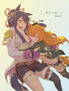 2girls animal_ears artist_name bandaged_leg bandages bandaid bandaid_on_face bandaid_on_nose belt black_hair black_thighhighs bomber_jacket bow breasts cleavage closed_eyes crop_top ear_bow epaulettes face_to_breasts fingerless_gloves fur_collar glomp gloves green_belt green_jacket horse_ears horse_girl horse_tail horseshoe_ornament hug jacket long_hair long_sleeves mayano_top_gun_(scramble_zone)_(umamusume) mayano_top_gun_(umamusume) midriff mukakin multiple_girls narita_brian_(maverick)_(umamusume) narita_brian_(umamusume) orange_hair patch plaid_clothes plaid_skirt pleated_skirt ponytail purple_gloves rope sarashi shimenawa shorts single_thighhigh skirt sweat tail thighhighs torn_clothes two_side_up umamusume white_jacket white_shorts yellow_eyes