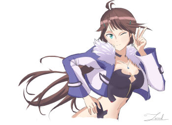 1girl absurdres aqua_eyes blue_jacket breasts brown_hair commentary cropped_jacket english_commentary fur-trimmed_jacket fur_trim hair_ornament hairclip hand_on_own_hip highres itsjarrrd jacket jewelry large_breasts long_hair navel necklace one_eye_closed shion_uzuki signature simple_background solo very_long_hair w white_background xenosaga xenosaga_episode_iii