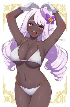 1girl :d arms_up bikini breasts dark-skinned_female dark_skin gloves hat highres jacinthe_(pokemon) large_breasts long_hair looking_at_viewer mini_hat navel nintendo open_mouth pokemon pokemon_legends:_z-a purple_eyes purple_hair smile solo stomach surippa1010 swimsuit very_dark_skin very_long_hair white_bikini white_gloves