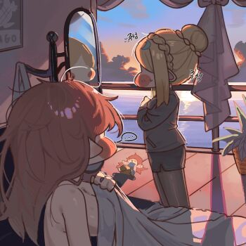 ... 2girls absurdres amelia_(trickcal) black_jacket black_pantyhose black_skirt blanket blonde_hair blush_stickers braid breasts cloud commentary covering_breasts covering_privates crescent crescent_hair_ornament crown_braid curryman_(curryman06) dressing elena_(trickcal) facing_another facing_away formal_clothes from_side full-length_mirror hair_bun hair_ornament highres holding holding_blanket jacket korean_text large_breasts long_hair messy_hair mirror morning_after multiple_girls nude ocean orange_hair pantyhose pencil_skirt pointy_ears profile puffy_cheeks single_hair_bun skirt skirt_suit spoken_ellipsis standing suit sunrise translation_request trickcal wooden_floor yuri