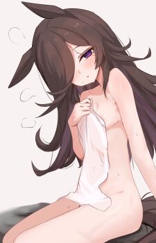 1girl :o absurdres animal_ears areola_slip blush bright_pupils brown_hair clothing_cutout covered_erect_nipples covering_crotch covering_privates cowboy_shot crotch dot_nose hair_over_one_eye hands_up highres holding holding_towel horse_ears horse_girl horse_tail long_hair looking_at_viewer nakoni_(solalalala) navel navel_cutout nude nude_cover open_mouth pelvic_curtain purple_eyes relaxing rice_shower_(umamusume) simple_background sitting solo tail thighs towel umamusume white_background