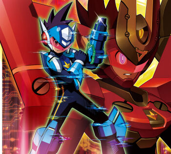 1boy arm_cannon blue_bodysuit blue_helmet bodysuit cowboy_shot geo_stelar_(mega_man) glitch helmet male_focus mega_man_(series) mega_man_star_force_(series) mega_man_star_force_3 official_art red-tinted_eyewear red_joker_(mega_man) star_force_mega_man tinted_eyewear upper_body weapon