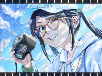 Rule 34 | 1girl, baka4akab, baseball cap, bird, black hair, blue eyes, blue sky, camera, commentary request, earrings, film strip border, glasses, grin, hair ornament, hat, highres, holding, holding camera, hood, hoodie, hoop earrings, idolmaster, idolmaster shiny colors, jewelry, long hair, mitsumine yuika, sky, smile, solo, teeth, twintails, white hat, white hoodie