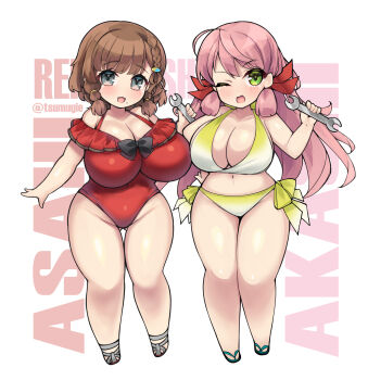 2girls akashi_(kancolle) akashi_(swimsuit)_(kancolle) akikaze_tsumuji asahi_(kancolle) asahi_(swimsuit)_(kancolle) bikini blunt_tresses braid breasts brown_hair casual_one-piece_swimsuit character_name commentary_request frilled_one-piece_swimsuit frills full_body gradient_bikini green_bikini green_eyes grey_eyes hair_ribbon highres holding holding_wrench kantai_collection large_breasts long_hair looking_at_viewer mole mole_under_mouth multiple_girls off-shoulder_one-piece_swimsuit off_shoulder one-piece_swimsuit pink_hair red_one-piece_swimsuit ribbon short_hair side-tie_bikini_bottom side_braids swimsuit text_background thick_thighs thighs tress_ribbon wrench