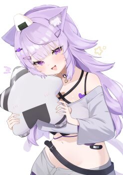 1girl absurdres animal_ear_fluff animal_ears cat_ears cat_girl cat_tail choker commentary_request food grey_shirt grey_shorts hair_between_eyes highres hololive light_blush long_hair looking_at_viewer navel nekomata_okayu o-ring o-ring_choker onigiri open_mouth purple_eyes purple_hair ru_spring shirt shorts simple_background smile solo star_(symbol) stomach tail white_background