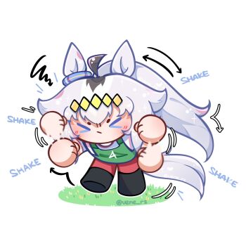 Rule 34 | 1girl, ahoge, animal ears, arrow (symbol), black leggings, black pantyhose, chibi, chibi only, commentary, ear ornament, english commentary, grey hair, grey tail, gym shirt, hair between eyes, hair ornament, hairband, highres, horse ears, horse girl, horse tail, leggings, long hair, oguri cap (umamusume), pantyhose, race bib, red shorts, shaking, shaking head, shirt, shorts, solid circle eyes, solo, sound effects, tail, tracen training uniform, umamusume, umamusume: cinderella gray, vene rs, white shirt