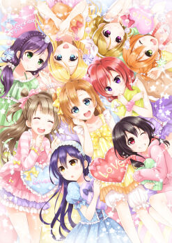 10s 6+girls :d :o ;d alternate_hairstyle ayase_eli black_hair blonde_hair bloomers blue_eyes blush bow braid brown_hair dress english_text from_above green_eyes hair_bow hairband heart heart-shaped_pillow hood hoodie hoshizora_rin koizumi_hanayo kosaka_honoka long_hair looking_at_viewer looking_to_the_side love_live! love_live!_school_idol_project low_twintails lying minami_kotori multiple_girls nishikino_maki on_back one_eye_closed open_mouth pillow polka_dot polka_dot_bow puffy_short_sleeves puffy_sleeves purple_hair red_eyes red_hair round_teeth sakurai_makoto_(custom_size) short_hair short_sleeves sleeveless sleeveless_dress smile sonoda_umi tareme teeth tojo_nozomi twintails two_side_up underwear very_long_hair yazawa_nico yellow_eyes