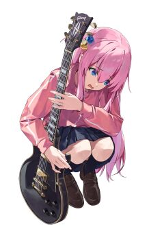 1girl black_skirt blue_eyes bocchi_the_rock! brown_shoes cube_hair_ornament gotoh_hitori guitar hair_ornament highres holding holding_guitar holding_instrument instrument jacket kamu_(kamuuei) loafers long_hair long_sleeves pink_hair shoes simple_background skirt solo squatting white_background