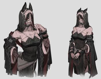 1girl absurdres animal_ears bare_shoulders black_dress black_hair black_nails black_sleeves breasts chain commentary cropped_legs cuffs detached_sleeves dress english_commentary grey_background hair_between_eyes halo_(racehorse) highres horse_ears horse_girl horse_tail jewelry large_breasts long_bangs long_hair long_sleeves looking_at_viewer multiple_views muzzle_(mask) open_mouth original red_eyes ring see-through_clothes see-through_veil sleeveless sleeveless_dress tail tomatolover16 umamusume veil wide_sleeves