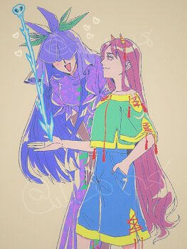 2girls arrow_(projectile) artist_name bare_shoulders blue_shorts blush breasts brown_background china_dress chinese_clothes closed_mouth collarbone commentary_request covered_eyes cowboy_shot dress fingernails flower flower_on_head food_print fruit_print grape_print green_shirt hand_in_pocket heart highres horns large_breasts leaf leaf_print long_hair looking_at_another mandarin_collar multiple_girls nail_polish nippaku_zanmu off-shoulder_shirt off_shoulder open_mouth pink_eyes puffy_short_sleeves puffy_sleeves purple_dress purple_flower purple_hair purple_nails raya_(uk_0128) shirt short_sleeves shorts sidelocks simple_background smile standing tassel touhou wavy_hair yomotsu_hisami