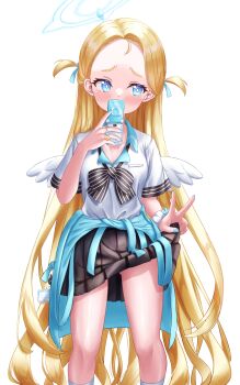 1girl absurdres angel_wings apron black_bow black_bowtie black_skirt blonde_hair blue_apron blue_archive blue_eyes blue_nails blush bow bowtie cellphone clothes_lift collarbone collared_shirt commentary_request feathered_wings flip_phone forehead hair_ribbon halo head_tilt highres holding holding_phone kuma_piv lifting_own_clothes long_hair long_sleeves looking_to_the_side nail_polish part_time_job parted_bangs phone pleated_skirt ribbon selfie sexually_suggestive shirt sidelocks simple_background skirt skirt_lift solo sora_(blue_archive) store_clerk two_side_up v very_long_hair white_background white_shirt white_wings wings
