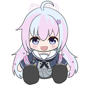 Rule 34 | 1girl, :d, ahoge, black neckerchief, blue archive, blue hair, blush, blush stickers, character doll, commentary, doll, eyebrows hidden by hair, full body, grey skirt, hair between eyes, hair ornament, halo, happy, highres, long hair, looking at viewer, low twintails, multicolored hair, neckerchief, open mouth, peppo-mk3, purple eyes, purple hair, reisa (blue archive), sailor collar, school uniform, serafuku, sitting, skirt, smile, solo, star (symbol), star hair ornament, star halo, straight-on, streaked hair, stuffed toy, tareme, twintails, v-shaped eyebrows, very long hair, white background, white sailor collar