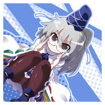 1girl adjusting_eyewear akaneya bespectacled brown_pantyhose female_focus glasses grey_eyes hat hat_ribbon japanese_clothes kariginu lowres mononobe_no_futo panties panties_under_pantyhose pantyhose pantyshot ponytail ribbon shirt silver_hair sitting skirt smile solo touhou underwear upskirt