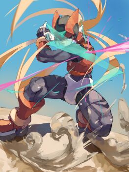 Rule 34 | 1boy, absurdres, android, armor, black eyes, blonde hair, commentary request, energy sword, forehead jewel, full body, helmet, highres, holding, holding sword, holding weapon, legs apart, long hair, male focus, mega man (series), mega man zero (series), omochi (mochi skymega), red armor, red helmet, solo, sword, weapon, z saber, zero(z) (mega man), zero (mega man)