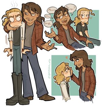 2boys artist_name black_shirt blonde_hair blue_pants blush boots brown_eyes brown_hair ches_(metal_family) cigarette closed_mouth dark-skinned_male dark_skin dee_(metal_family) denim espresso_xo eye_contact facial_hair freckles frown full_body hand_in_pocket hand_on_another's_cheek hand_on_another's_chin hand_on_another's_face hand_on_another's_leg heart highres holding holding_cigarette jacket jeans jewelry knee_boots long_hair long_sleeves looking_at_another male_focus medium_hair metal_family multiple_boys open_clothes open_mouth open_shirt pants plaid_clothes plaid_shirt red_shirt shirt short_sleeves simple_background sitting smile speech_bubble standing stubble t-shirt yaoi