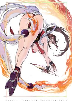 1girl ass bare_shoulders bent_over breasts brown_eyes brown_hair character_name cleavage commentary_request fatal_fury fingerless_gloves fire folded_fan folding_fan full_body gloves hand_fan hanging_breasts high_ponytail highres holding japanese_clothes large_breasts loiza long_hair looking_at_viewer ninja pelvic_curtain ponytail revealing_clothes rope shiranui_mai socks solo tabi thighs white_background