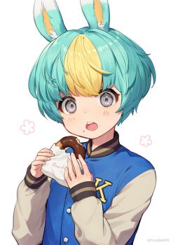 Rule 34 | 1boy, animal crossing, animal ears, bag, blonde hair, blue hair, blush, donut, floral print, food, grey eyes, highres, multicolored hair, nintendo, open mouth, paper bag, personification, rabbit ears, riyang, sasha (animal crossing), solo, teeth, trap, two-tone hair