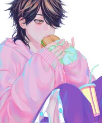 Rule 34 | 1boy, black hair, burger, cola, corrupted twitter file, eating, expressionless, fingernails, food, from side, gusamo, hair over one eye, hanemiya kazutora, highres, holding burger, knees up, light blush, long sleeves, male focus, medium hair, mole, mole under eye, multicolored hair, pants, pink sweater, portrait, purple pants, simple background, sitting, solo, streaked hair, sweater, tokyo revengers, wolf cut, yellow eyes