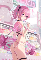 Rule 34 | 1girl, animal ears, bare shoulders, black choker, blurry, blurry background, breasts, candy, choker, detached sleeves, food, frilled panties, frills, highres, holding, holding candy, holding food, holding lollipop, lollipop, looking at viewer, looking back, omelet tomato, original, panties, pink hair, pink sailor collar, purple eyes, revealing clothes, sailor collar, shirt, small breasts, solo, thigh strap, twintails, underboob, underwear, white shirt
