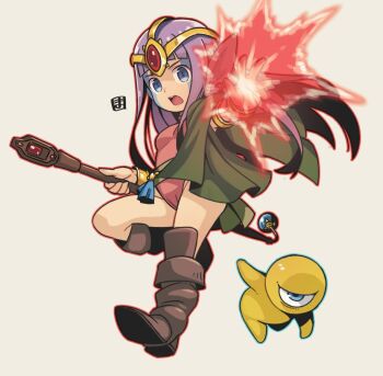 Rule 34 | 1girl, 1other, arm up, armlet, blue eyes, boots, bracelet, brown boots, brown cloak, casting spell, character request, cloak, commentary request, cyclops, esper (saga), gem, hair ornament, highleg, highleg leotard, jewelry, knee boots, leg up, leotard, long hair, magic, mawaru (mawaru), monster, one-eyed, open mouth, pink leotard, purple hair, saga, saga 1, standing, standing on one leg, thighs, wand