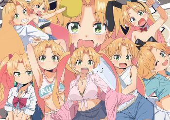 1girl absurdres alternate_breast_size_(larger) alternate_costume alternate_hairstyle animal_ears back bambi2000line black_leotard black_skirt blonde_hair blue_jacket blush bow breasts cheerleader commentary_request fake_animal_ears green_eyes highres hug jacket leotard long_hair long_sleeves looking_at_viewer looking_back medium_breasts multiple_views navel one_eye_closed open_mouth pants playboy_bunny pom_pom_(cheerleading) rabbit_ears red_bow ruri_no_houseki shirt skirt smile sports_bra stomach tanigawa_ruri teeth twintails upper_body upper_teeth_only white_shirt wrist_cuffs