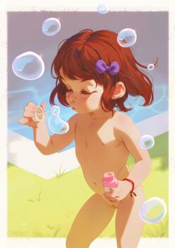 1girl alkemanubis blush bow bracelet brown_hair bubble blowing_bubbles cleft_of_venus closed_eyes cowboy_shot female_focus flat_chest freckles grass hair_bow highres jewelry loli navel nipples nude pool pussy short_hair solo standing uncensored water