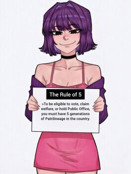 1girl 2026 alternate_breast_size_(larger) amelia_(pathways) bare_legs black_choker blush bob_cut breasts choker cleavage collarbone colored_inner_hair commentary contrapposto curvy dress english_commentary english_text eyebrows_hidden_by_hair hair_between_eyes hair_intakes hand_on_own_hip head_tilt highres holding holding_sign jacket legs_together long_sleeves medium_breasts mole mole_under_eye multicolored_hair off_shoulder orangtheman pathways_(game) pink_dress politics purple_hair purple_jacket short_hair sign sitting smug standing straight-on white_background