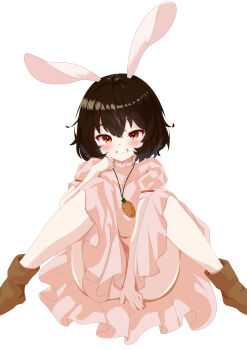 1girl animal_ears black_hair brown_shoes dress grin highres hogihogi3ta inaba_tewi looking_at_viewer m_legs no_panties petite pink_dress rabbit_ears rabbit_girl red_eyes shoes short_hair simple_background sitting smile solo spread_legs touhou white_background