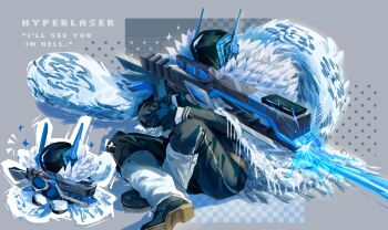 1boy antennae black_boots black_gloves black_jacket black_pants boots commentary crossed_legs energy_gun english_commentary gloves highres holding holding_weapon hyperlaser_(phighting!) jacket long_sleeves male_focus mili_milien pants phighting! roblox shawl sitting snow_leopard_boy snow_leopard_tail solo weapon white_shawl