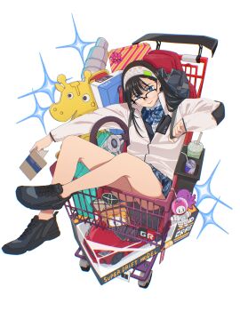 1girl absurdres bare_legs black_hair blue_eyes bow bowtie commentary_request glasses highres holding holding_notebook long_hair notebook original pleated_skirt saitou_kengo school_uniform shoes shopping_cart skirt sneakers solo