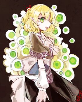 1girl arm_warmers back_bow belt blonde_hair bow brown_background brown_shirt brown_skirt danmaku from_side green_eyes grey_belt grey_bow grey_scarf hair_between_eyes highres looking_at_viewer mizuhashi_parsee one-hour_drawing_challenge open_mouth pointy_ears ponytail scarf shirt short_hair short_ponytail short_sleeves skirt smile solo standing t-shirt tama_(hiroshige_36) tongue touhou white_background white_bow yellow_background