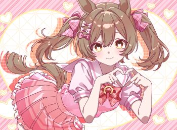 1girl animal_ears bin_ze_u blush bow breasts brown_eyes brown_hair closed_mouth commentary english_commentary four-finger_heart_hands hair_between_eyes hair_bow hair_ornament heart heart-shaped_pupils heart_hands highres horse_ears horse_girl horse_tail looking_at_viewer medium_hair pink_bow pink_shirt pink_skirt puffy_short_sleeves puffy_sleeves red_bow sailor_collar sailor_shirt school_uniform serafuku shirt short_sleeves skirt smart_falcon_(umamusume) smile solo symbol-shaped_pupils tail tracen_school_uniform twintails umamusume