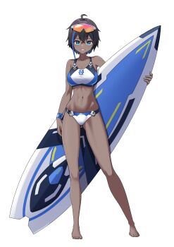 Rule 34 | 1girl, absurdres, ahoge, arm at side, bare shoulders, barefoot, bikini, black hair, blue bikini, blue eyes, blue hair, blue streaks, breasts, chougoukin potato, cleavage, collarbone, commentary request, dark-skinned female, dark skin, full body, gluteal fold, goggles, goggles on head, highres, holding, holding surfboard, large breasts, legs apart, looking at viewer, making-of available, multicolored hair, navel, original, short hair, simple background, smile, solo, standing, stomach, streaked hair, surfboard, swimsuit, teeth, two-tone hair, white background, wristband