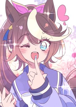 Rule 34 | ;d, animal ears, blue eyes, blue nails, bow, bowtie, brown hair, commentary request, ear ornament, hair bow, heart, honkawa works, horse ears, horse girl, long hair, long sleeves, looking at viewer, multicolored hair, one eye closed, open mouth, pink bow, ponytail, purple sailor collar, sailor collar, school uniform, smile, streaked hair, tokai teio (umamusume), tracen school uniform, umamusume, upper body, white bow, white bowtie, white hair, winter uniform