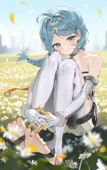 1girl absurdres ahoge aqua_eyes bare_shoulders barefoot blue_hair braid chama_(chacoc0) closed_mouth commentary elbow_gloves english_commentary falling_petals feet gloves highres long_hair outdoors petals screw_hair_ornament seed_(zenless_zone_zero) sitting smile solo stirrup_legwear toeless_legwear toes white_gloves zenless_zone_zero