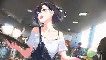 Rule 34 | :d, blue nails, blue streaks, blue suspenders, brown hair, cafe, ceiling light, ceres fauna, chair, coffee mug, cohi27151463, cup, food, glass, glint, grey eyes, hair ribbon, holding, holding tray, hololive, hololive english, indie virtual youtuber, indoors, kiryu coco, light blush, light particles, looking to the side, minato aqua, mole, mole under eye, motion blur, mug, multicolored hair, nanashi mumei, off-shoulder shirt, off shoulder, open mouth, parted bangs, ribbon, shirt, short hair, smile, solo focus, streaked hair, suspenders, suspenders slip, table, teeth, tray, upper body, upper teeth only, virtual youtuber, white shirt, yubari rei