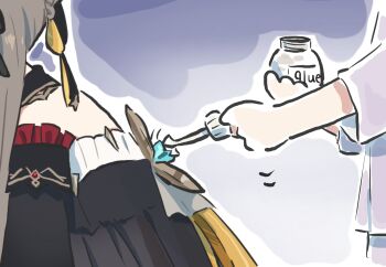 2girls black_dress detached_sleeves dress from_side genshin_impact glue highres holding long_sleeves multiple_girls raiden_shogun sandrone_(genshin_impact) xinzoruo