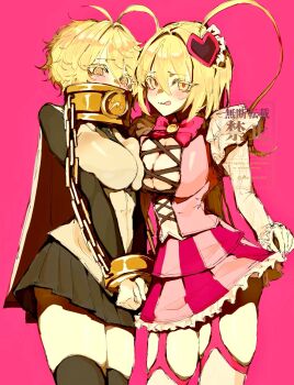 Rule 34 | 2girls, @ @, black skirt, blonde hair, blush, bow, breast press, breasts, cape, chain, chained, chained wrists, cleavage, clone, commentary request, covered mouth, cuffs, don quixote (project moon), dress, dual persona, e.g.o (project moon), handcuffs, heart, highres, in the name of love and hate (e.g.o), index (identity) (project moon), large breasts, limbus company, lobotomy corporation (identity) (project moon), looking at viewer, multiple girls, pink background, pink bow, pink dress, pink skirt, project moon, ritaritatter96, short hair, simple background, skirt, smile, symmetrical docking, thighhighs, tongue, tongue out, yellow eyes