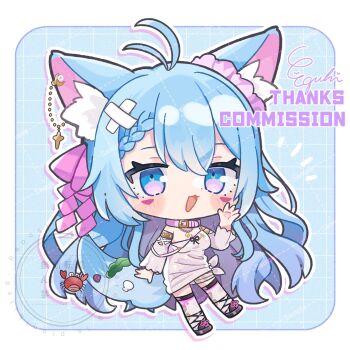 1girl :3 :d animal_ear_fluff animal_ears antenna_hair bandaid bandaid_hair_ornament blue_background blue_hair blush_stickers border breasts chibi chibi_only cleavage collar commentary commission detached_sleeves double-parted_bangs dress drop_shadow egissi full_body grid_background hair_between_eyes hair_ornament hand_up highres hoshiumi_hia indie_virtual_youtuber long_hair long_sleeves looking_at_viewer open_mouth outline outside_border pink_collar pink_eyes sample_watermark signature skeb_commission sleeveless sleeveless_dress smile solo tail thighhighs virtual_youtuber watermark watermark_grid white_border white_dress white_outline white_thighhighs wolf_ears wolf_girl wolf_tail