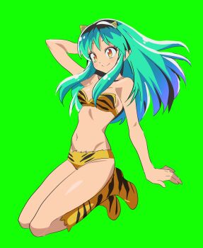 1girl animal_print aqua_hair betti_(xx_betti) bikini breasts closed_mouth eyeliner full_body green_background highres horns long_hair looking_at_viewer lum makeup navel print_bikini sharp_teeth simple_background small_breasts small_horns smile solo stomach strapless strapless_bikini swimsuit tareme teeth tiger_print urusei_yatsura yellow_bikini yellow_eyes
