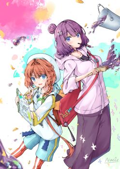 2girls artist_name bag bird black_pants blue_eyes blue_shorts blush braid bucket commentary crown_braid english_commentary fate/grand_order fate_(series) flower hair_bun hair_flower hair_ornament hat highres holding holding_brush holding_notebook hood hooded_jacket ink jacket katsushika_hokusai_(fate) katsushika_hokusai_(traveling_outfit)_(fate) looking_at_viewer mouth_hold multiple_girls natie notebook official_alternate_costume open_mouth pants purple_hair shirt short_hair shorts shoulder_bag shy side_braid single_hair_bun swept_bangs van_gogh_(fate) van_gogh_(tour_outfit)_(fate) white_bird white_hat white_jacket white_shirt